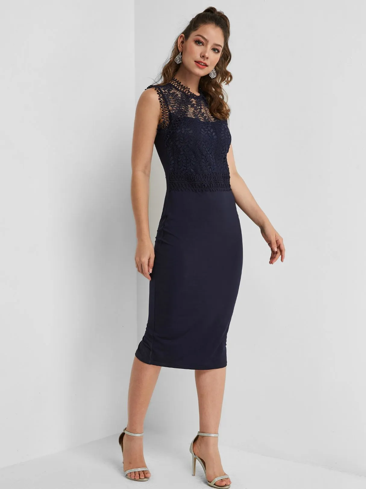 Wholesale Navy Sleeveless Lace Slit Hem Midi Dress