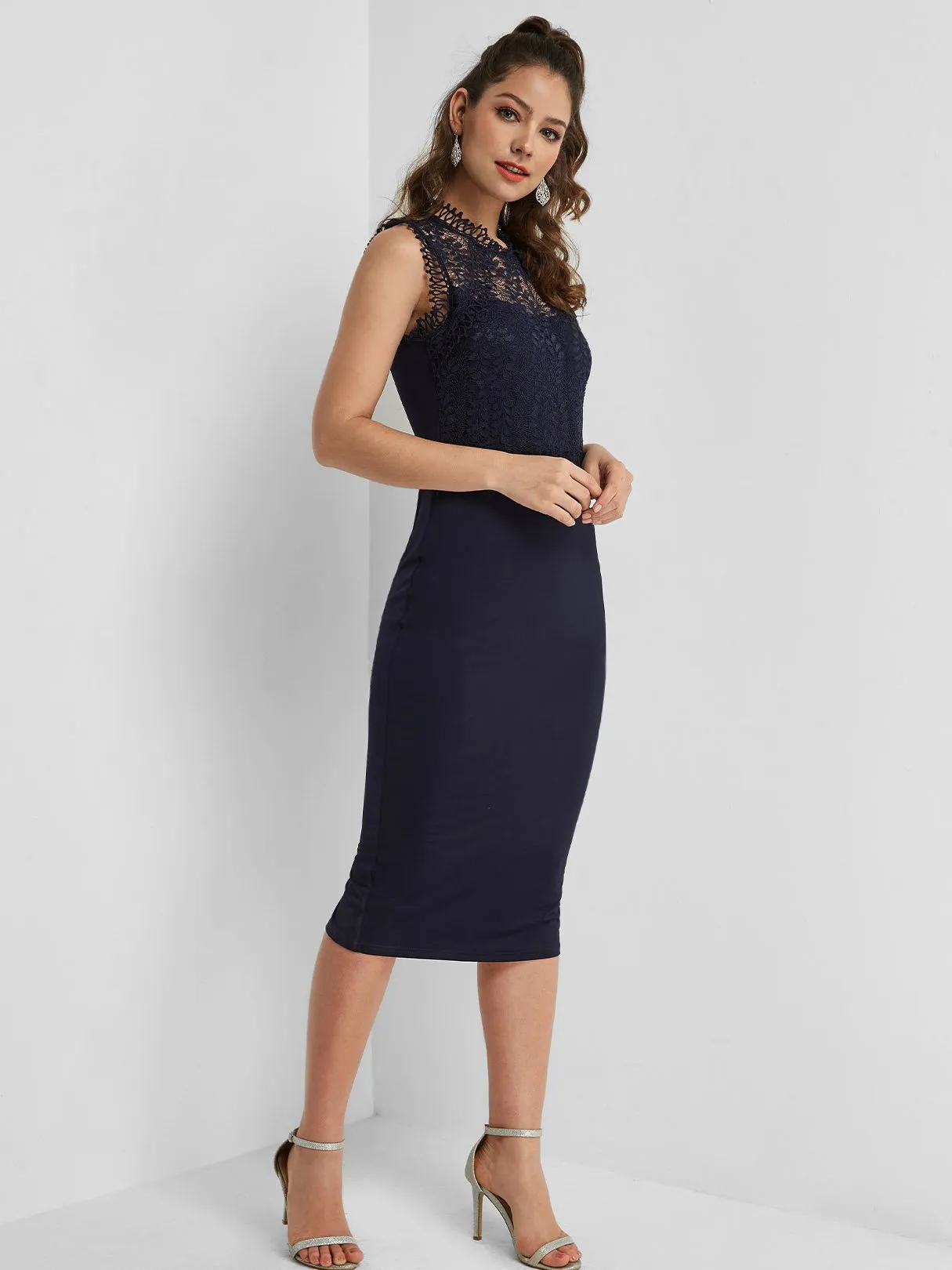 Wholesale Navy Sleeveless Lace Slit Hem Midi Dress