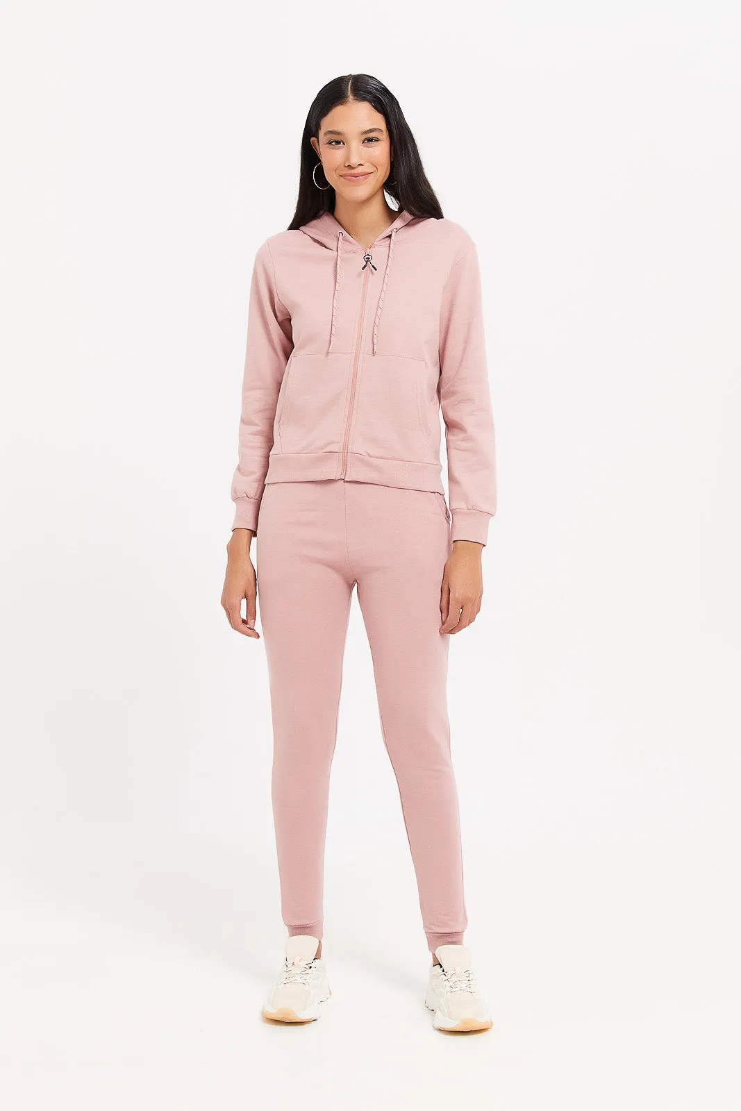 Women Pink Plain Zip Through Hoodie