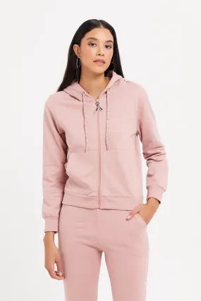 Women Pink Plain Zip Through Hoodie