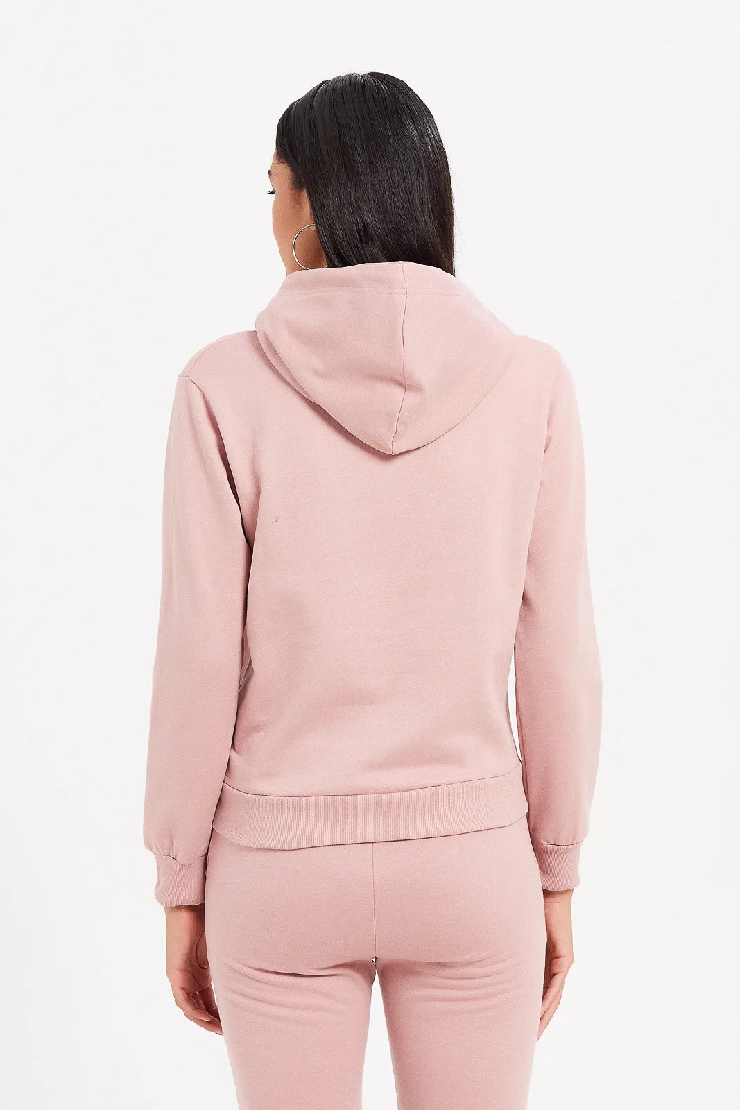 Women Pink Plain Zip Through Hoodie