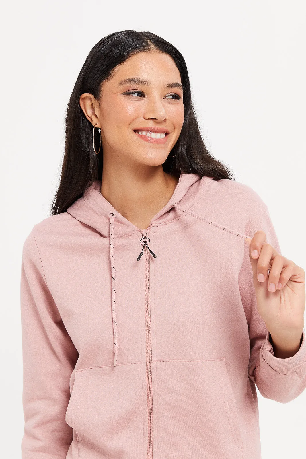 Women Pink Plain Zip Through Hoodie