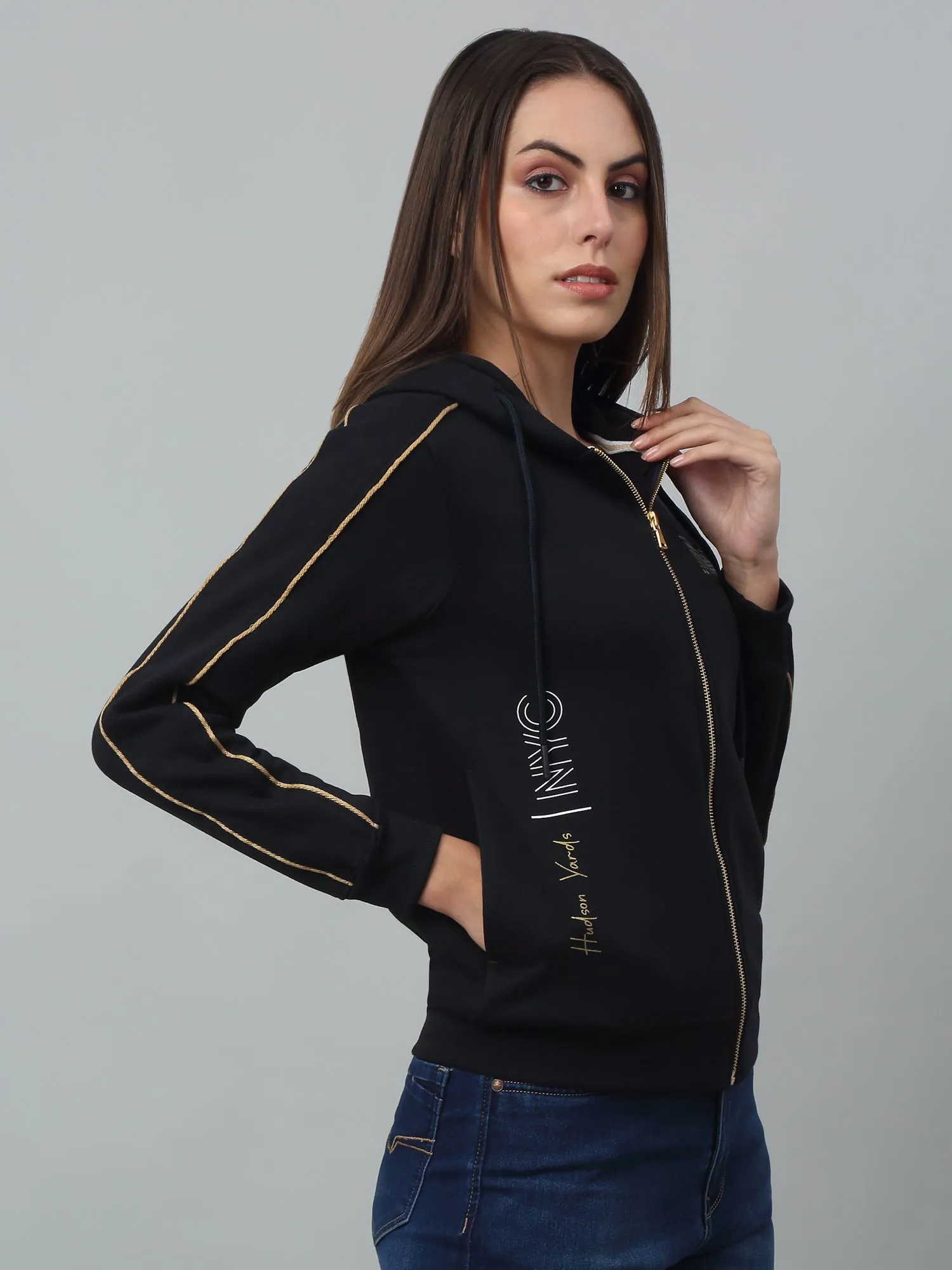 Women's Casual  Navy Blue Regular Full Sleeve Zipthru Hoodie Sweatshirt